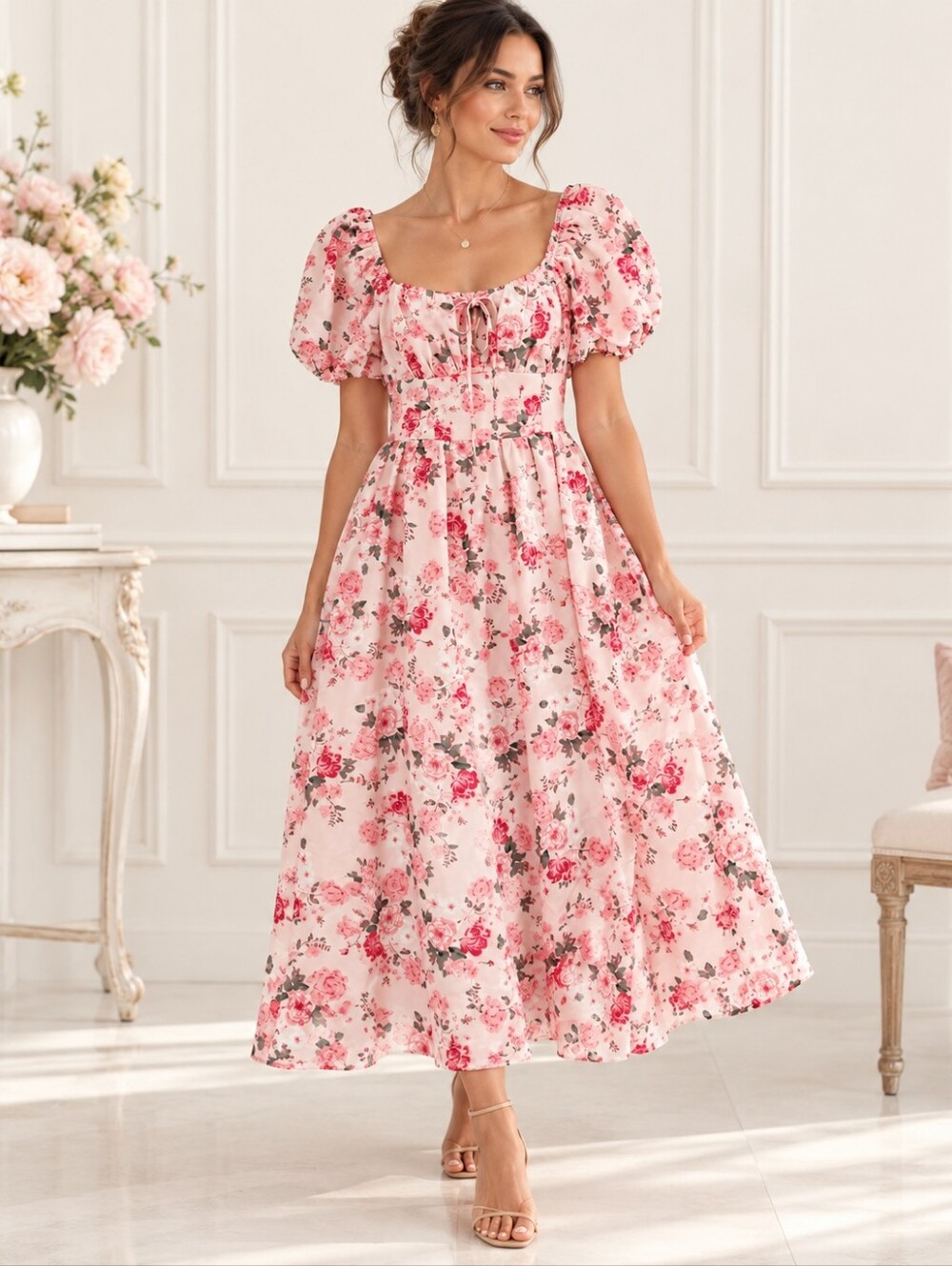 SHEIN MOD Pink Floral Puff Sleeve Maxi Dress Cottagecore Size Medium